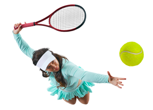 Aerial view of female tennis player, sportsman in mid-action, serving ball against transparent background. Concept of professional sport, championship, active lifestyle, tournament. Ad