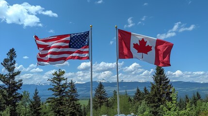 American and Canadian flags waving together against blue sky