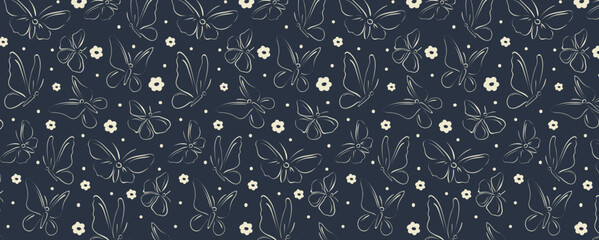 Vintage pattern with butterflies, flowers and dots. Vector seamless background in retro style. Summer wallpaper for postcards, textiles and fabrics