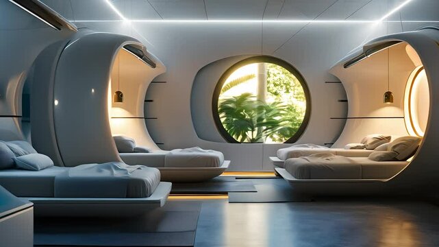 Futuristic bedroom with furniture, modern bedroom of the next generation of rest areas or space ship interior, Modern design of bedroom in starship	