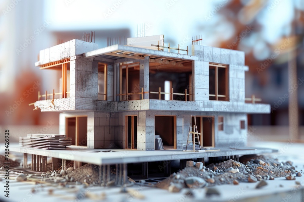 Canvas Prints A small scale model of a house under construction on a table