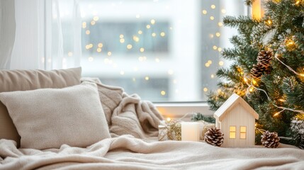 A small wooden house with glowing windows rests on a knitted blanket beside pinecones, with a festive tree softly lit in the background during winter