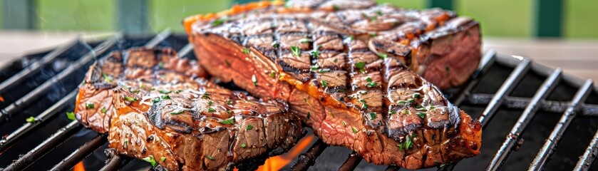 Dry-aged steak with charred edges, on a backyard BBQ, grilling, homemade gourmet