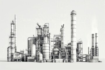 Obraz premium A black and white photo of an industrial factory with machinery and equipment