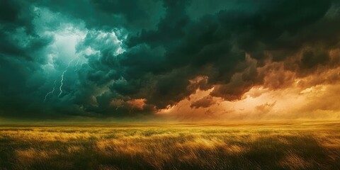 Obraz premium A field of grass under a dramatic sky.
