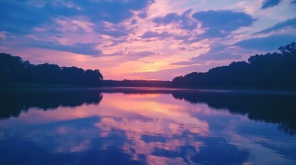 Fototapeta premium Peaceful Sunset Reflection on a Calm Lake