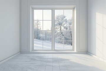 Fototapeta premium Cozy interior with a large window framing a winter wonderland outside