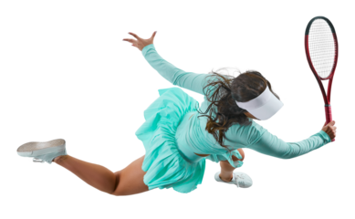 Woman in light blue tennis attire prepares to serve, her racquet and ball highlighted against transparent background. Concept of professional sport, championship, active lifestyle, tournament. Ad