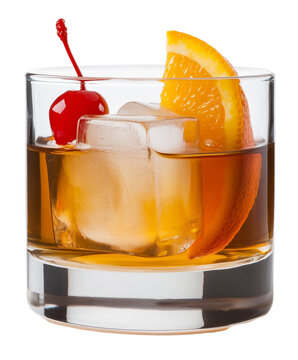 classic old fashioned cocktail with orange slice cherry and ice cube served in short glass isolated on transparent background