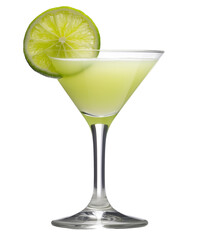 crisp gimlet cocktail with gin and lime juice, garnished with lime  served in martini glass isolated on transparent background