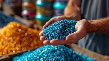 Close-up of hands holding blue plastic polymer granules in factory setting