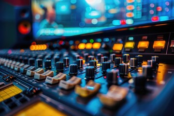 A close-up shot of a sound board with multiple knobs and controls