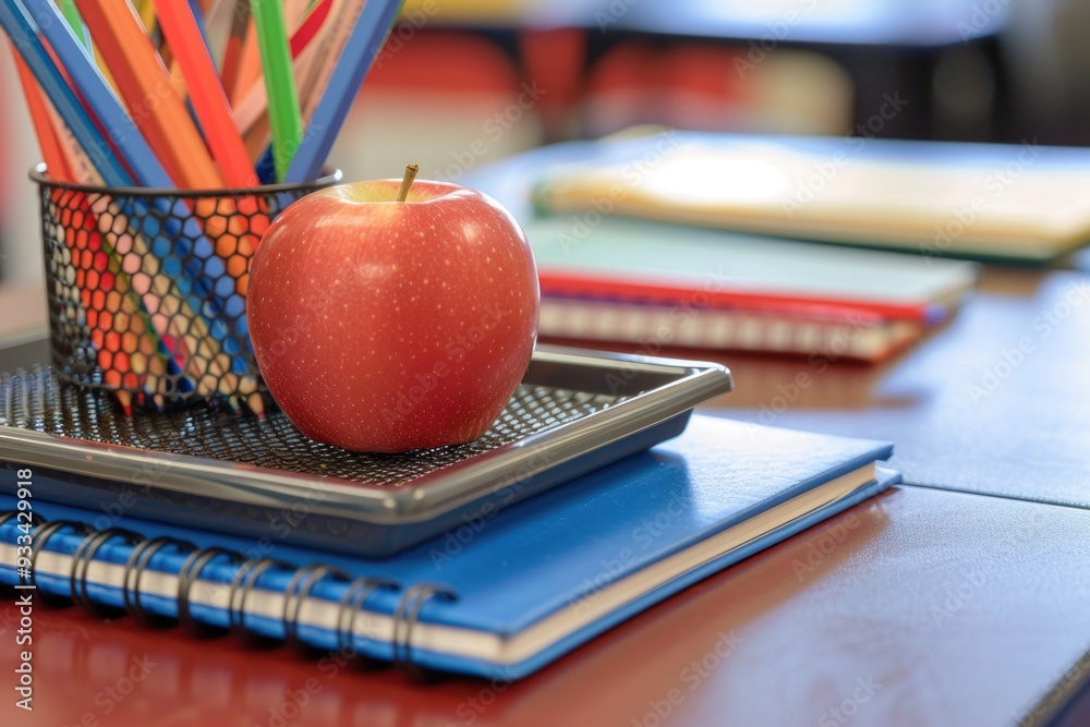 Poster a bright red apple sits atop a stack of books, with the words 'knowledge is power' displayed promine