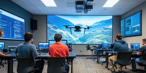 Students in a classroom watching a drone.