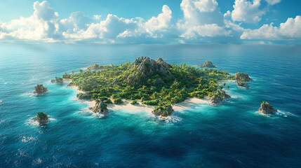 Fototapeta premium tropical island bathed in sunlight, showcasing crystal-clear waters, lush green vegetation, and white sandy beaches, evoking tranquility and paradise