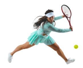 Female tennis player in light blue outfit performs powerful forehand in motion against transparent background. Concept of professional sport, championship, active lifestyle, tournament. Ad