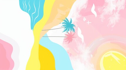 A colorful tropical scene with three palm trees and a blue wave. The colors are bright and cheerful, giving off a happy and relaxed vibe