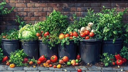 illustration of food waste with wilted vegetables in a compost bin rotten produce and kitchen scraps symbolize the issue of food loss and the importance of sustainable consumption