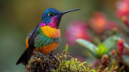 Fototapeta premium Fiery-throated hummingbird perched on mossy branch with vibrant plumage