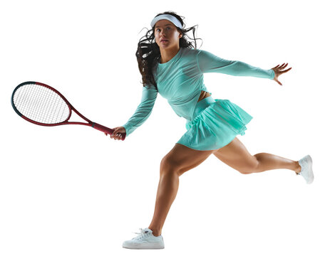 Female tennis player in mint-green outfit prepares to return shot, her expression focused against transparent background. Concept of professional sport, championship, active lifestyle, tournament. Ad
