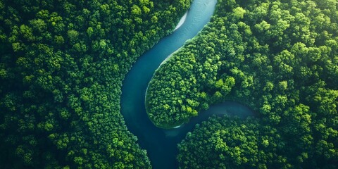 Stunning aerial shot capturing the vastness of an endless green forest and the winding river that cuts through it