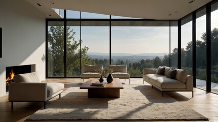 Fototapeta premium minimalist modern living room with floor-to-ceiling windows