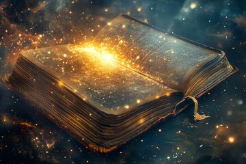Obraz premium A magical open book suspended in a cosmic space. Stars and light burst from its pages. This image captures wonder and imagination. Perfect for fantasy themes. Generative AI