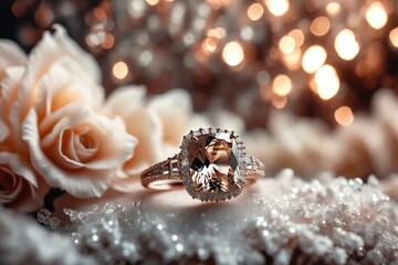 "Glowing Diamond Ring on Snowy Surface with Roses"