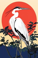 Fototapeta premium Illustration of a heron in Japanese style with elements of red color. postcard, illustration for design
