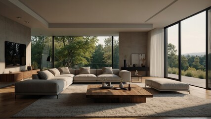 minimalist modern living room with floor-to-ceiling windows