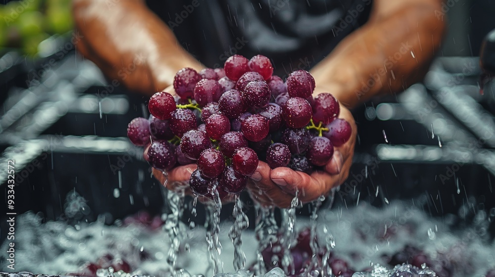 Wall mural Hands holding fresh red grapes under running water during harvest