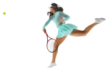 Athletic woman in turquoise tennis dress lunges forward to hit ball, captured mid-action against transparent background. Concept of professional sport, championship, active lifestyle, tournament. Ad