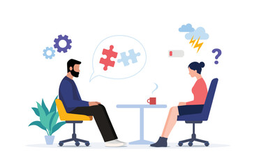 Consultation with therapist, mental health, psychoanalysis or therapy session vector illustration with man and a women talking