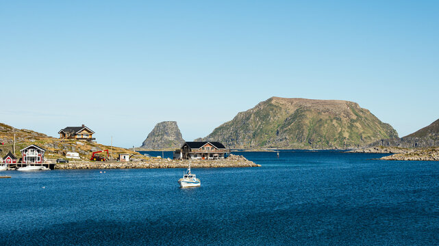 view of the village of Gjesvaer during a sunny spring day, north Cape, mageroya island, Norway