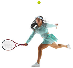 Tennis player in mint-green dress captured mid-lunge, as she prepares to hit the ball against...