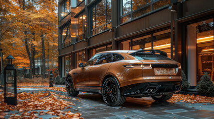 Luxury SUV parked outside modern building in autumn setting