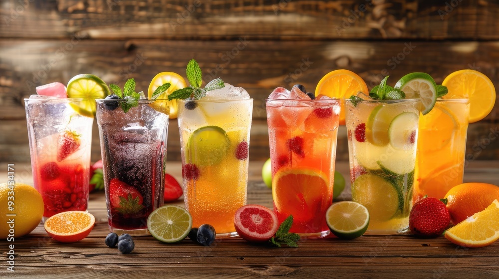 Poster A selection of colorful fruit-based beverages on display, perfect for use in advertising or editorial content