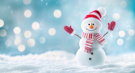 Fototapeta premium Snowman with red striped hat and scarf in snowy landscape, blue bokeh sky.