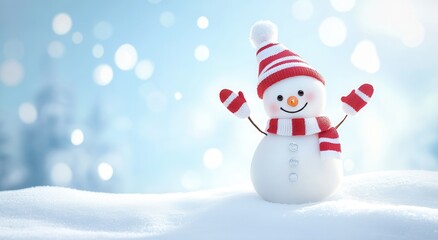 Fototapeta premium Snowman with red striped hat and scarf in snowy landscape, blue bokeh sky.