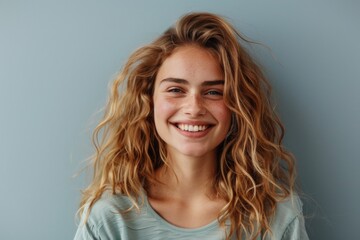 Naklejka premium A happy woman with long blonde hair smiles directly into the camera