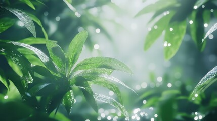 Obraz premium Tranquil Nature: Dew-Kissed Green Leaves Under Soft Sunlight