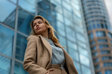 Stylish businesswoman in professional attire, coat and pants, standing before skyscraper, high-resolution magazine cover photo.