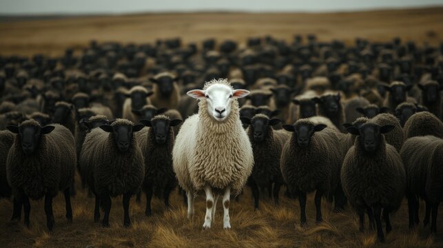 A striking image of a lone white sheep standing confidently among a flock of black sheep in a vast outdoor setting, symbolizing uniqueness and individuality.