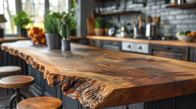 Modern wooden table in loft kitchen with decorative elements