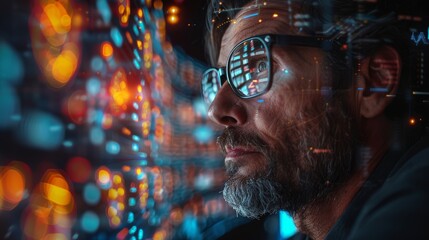 Focused businessman analyzing digital data in a futuristic setting
