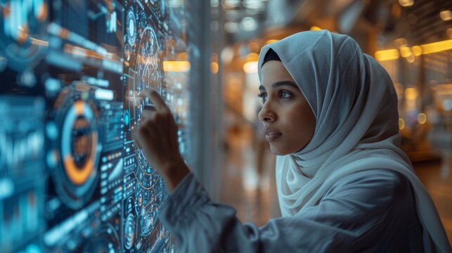 Muslim businesswoman interacting with digital interface technology indoors