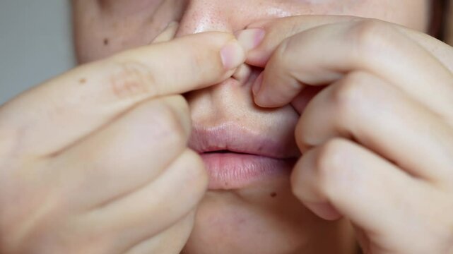 Close up of a young woman squeezing out a black heads or comedones with her fingers. Acne problem, pimples. Cosmetology dermatology concept
