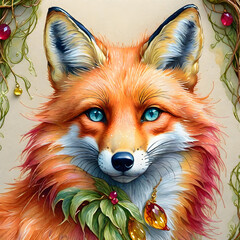 Fototapeta premium Simple fox portrait with simple leafs and gems
