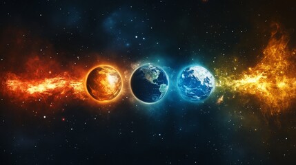 A visually captivating image featuring three planets aligned with fire and swirling water elements, emphasizing the dynamic interplay of natural forces.