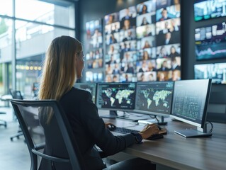 Woman Working at Desk in Front of Multiple Monitors Displaying Data and Video Calls - Powered by Adobe